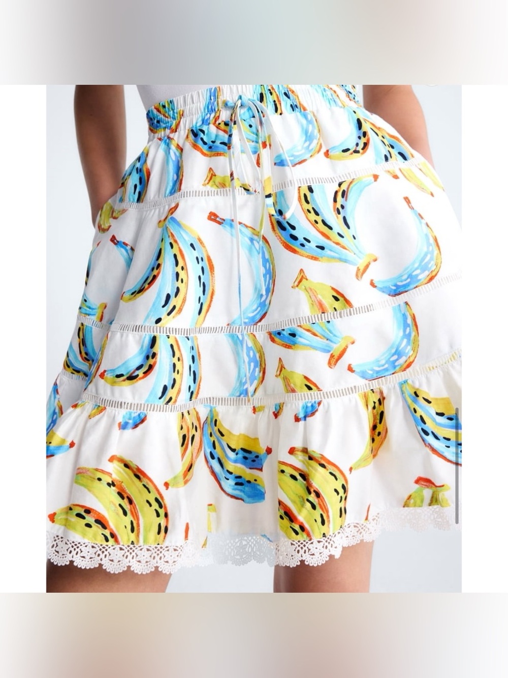 Free Assembly Colorful Banana Tiered Mini Skirt Lace Trim Coastal Beach Tropical